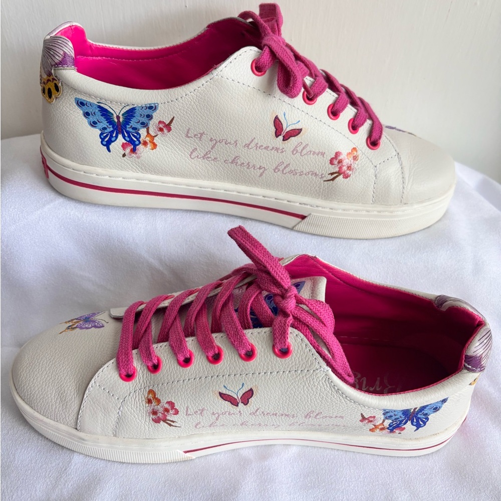Women's White Leather Sneakers with Pink Accents and Butterfly Detail